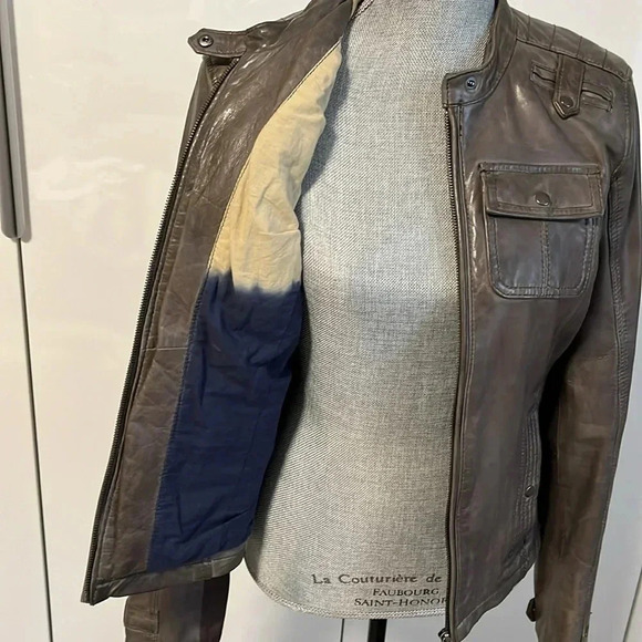 DANIER Taupe Brown Genuine Leather Moto Jacket Like New, Size S - Picture 9 of 13